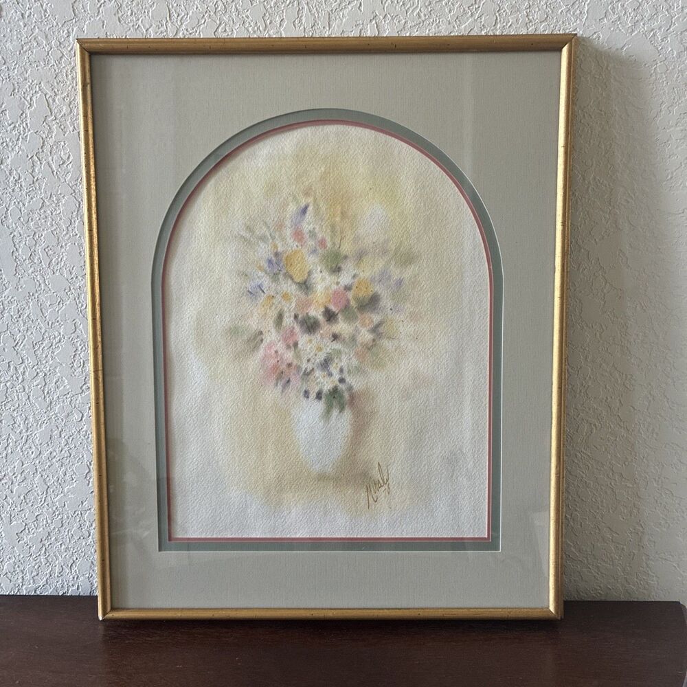 VTG Watercolor Floral Wall Art, Gold Frame Triple Matte, Cathedral Arc, Signed
